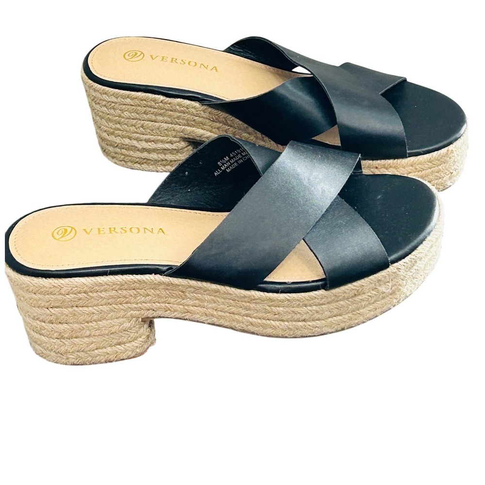 Versona Black Crisscross Platform Espadrille Wedge Slide Sandal Women's 8.5